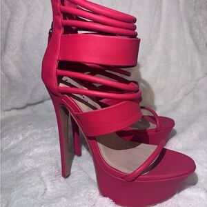 BEBE Strappy High Heel Platform Sandals - Coral Pink